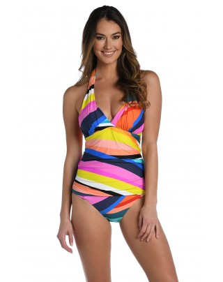 Vibrant Striped Halter Swimsuit – Colorful One-Piece Beachwear