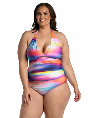 Colorful gradient striped one-piece swimsuit