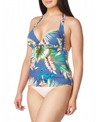 Blue exotic leaf print one-piece swimsuit