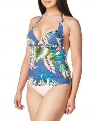 Blue exotic leaf print one-piece swimsuit