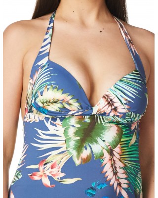 Blue exotic leaf print one-piece swimsuit