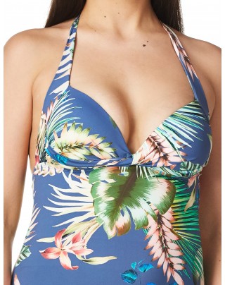 Blue exotic leaf print one-piece swimsuit